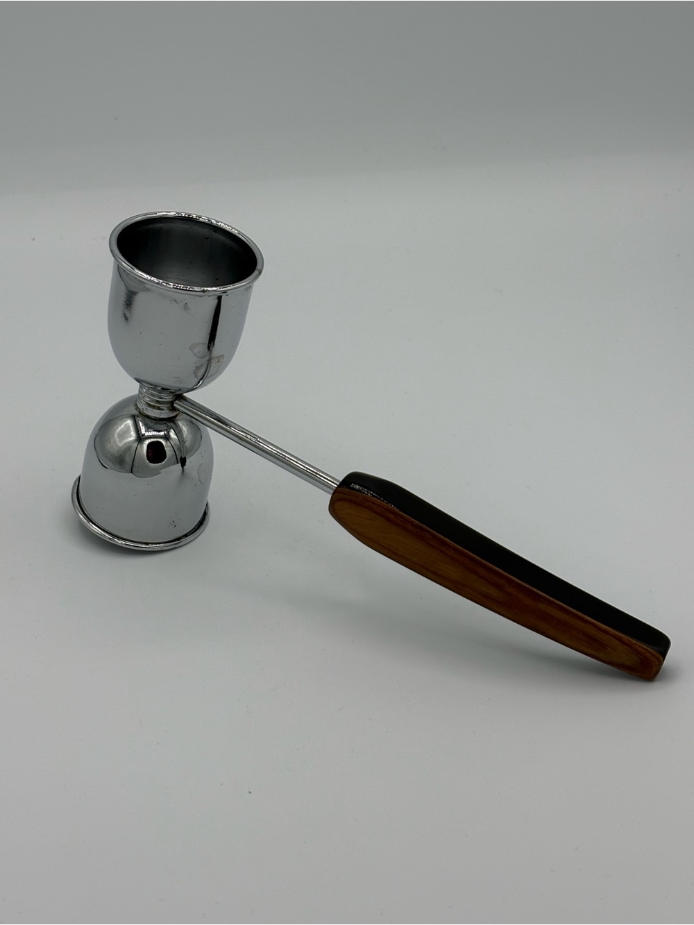 Vintage Barware Double Cocktail Jigger Wood Handle Chrome Mid Century